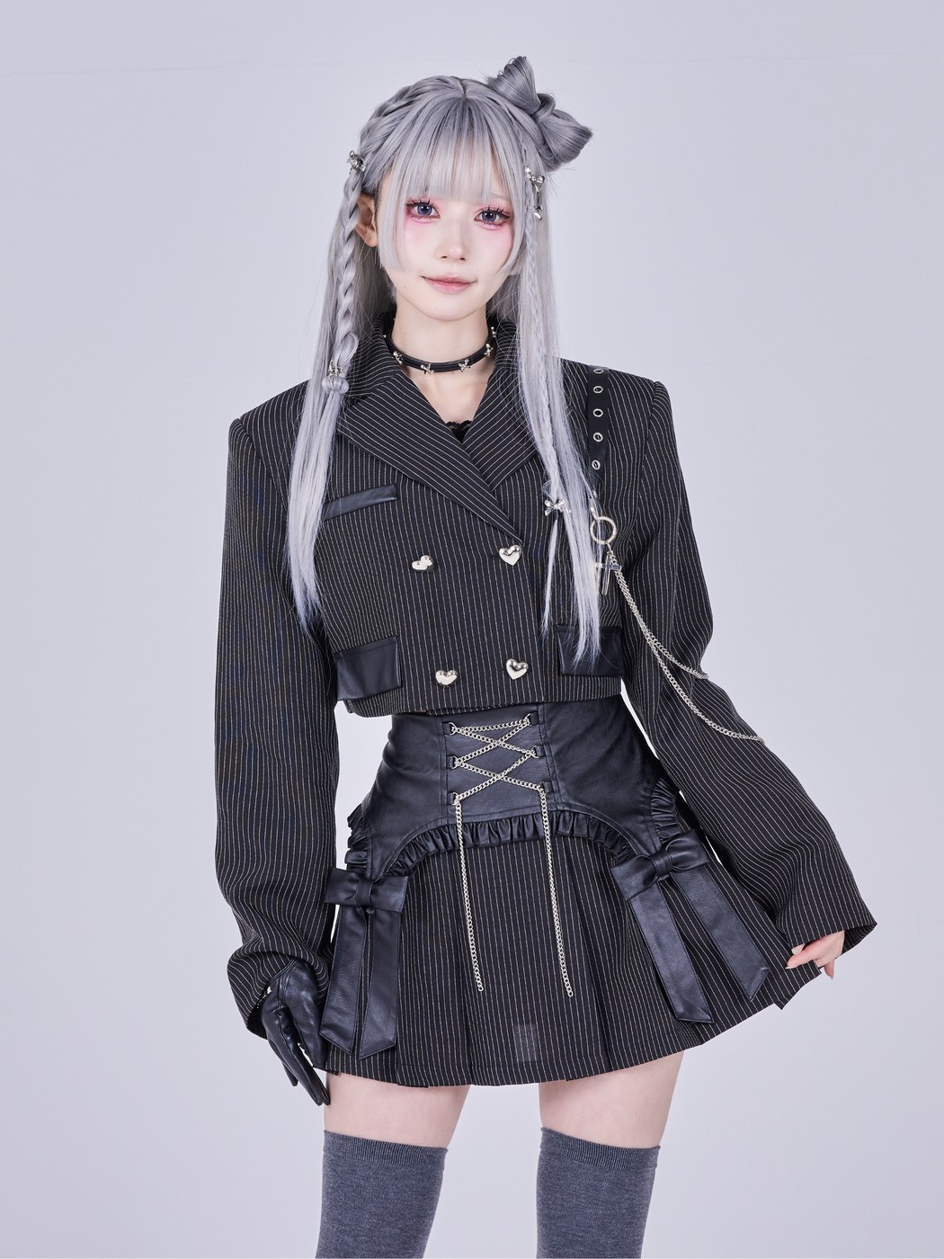 IMVAL / Cut-out Jacket & Skirt Set［STRIPE］ - QOOZA