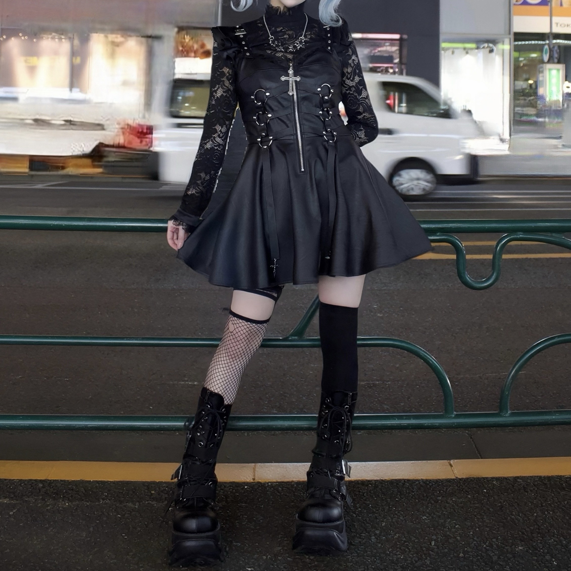 QOOZA IMVAL Leather Dress [BLK] レザーワンピース IMVAL / Lace Frill Leather Dress [STRIPE] - QOOZA