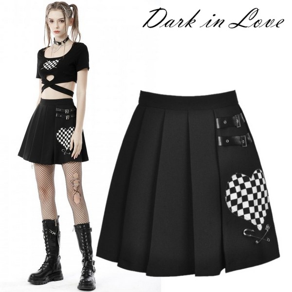 divkaのスカート Dark in Love / Punk black white check heart pleated skirt
