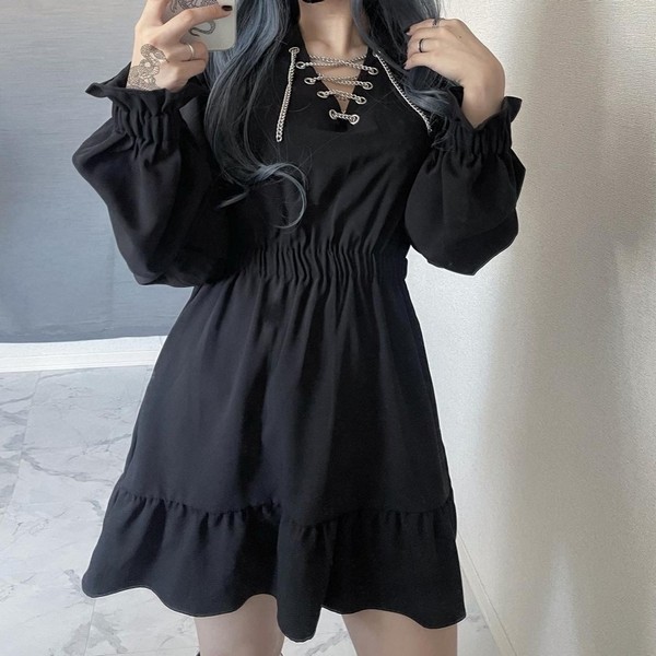【美品】gibous チェーンパフスリーブワンピース ブラック gibous / gibous chain puff sleeves onepiece（GB008） - QOOZA