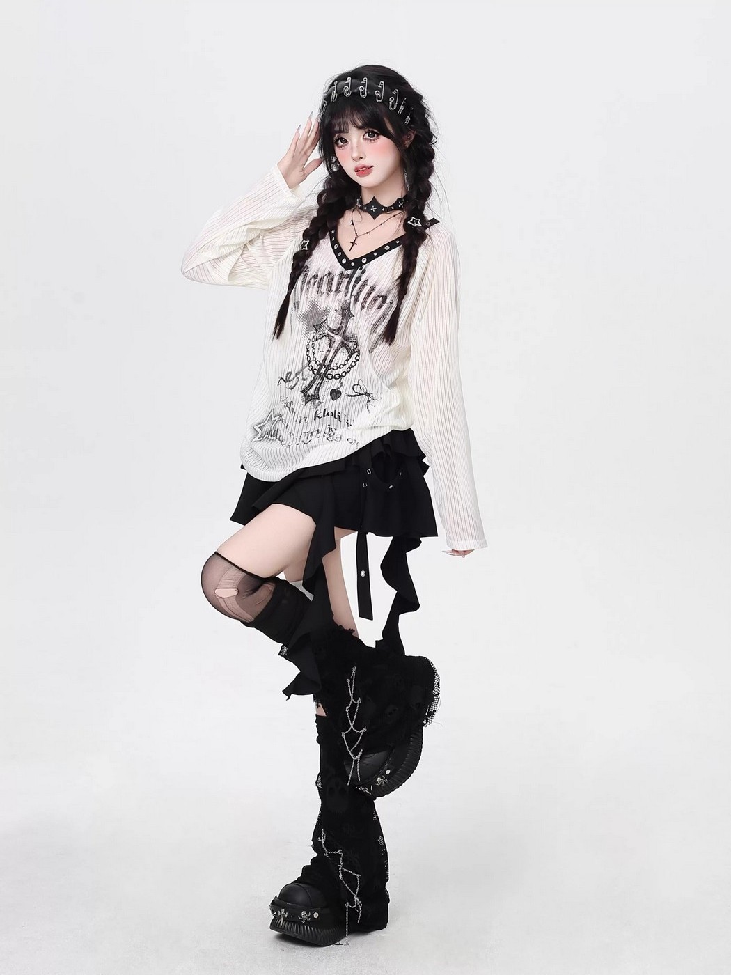 SELECT / ［CRAZYGIRL］Vネッククロストップス[WHT] - QOOZA