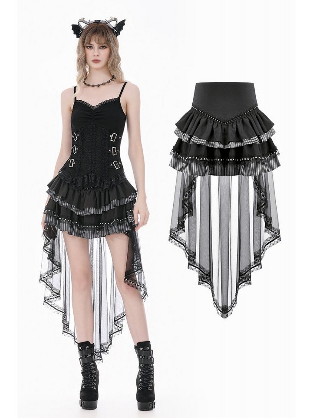 Dark in Love / Gothic Punk Vintage Layered Mesh Tail Skirt - QOOZA