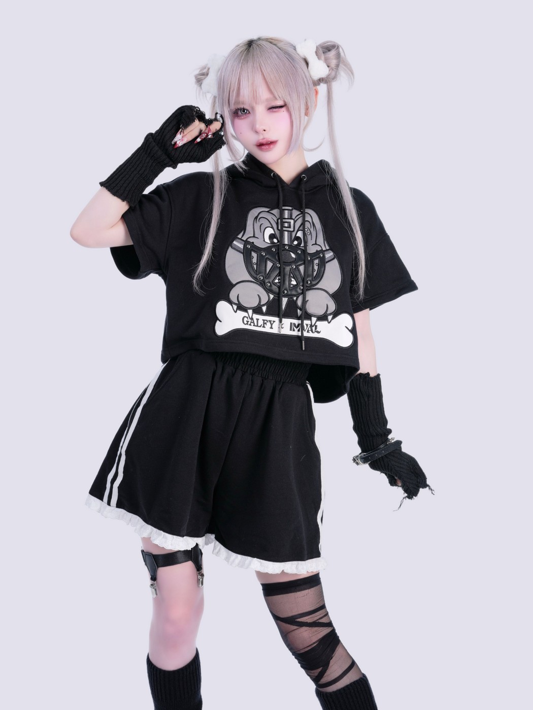 IMVAL×GALFY / Cat Ear Cropped Hoodie-BLK - QOOZA