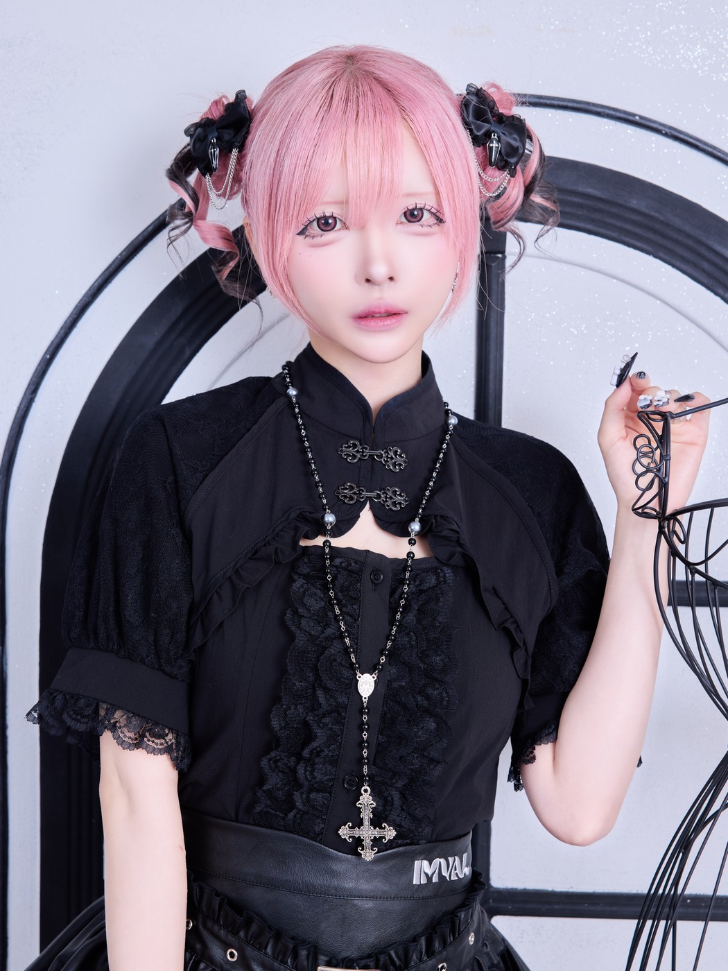 IMVAL / Lace Frill Leather Dress [STRIPE] - QOOZA