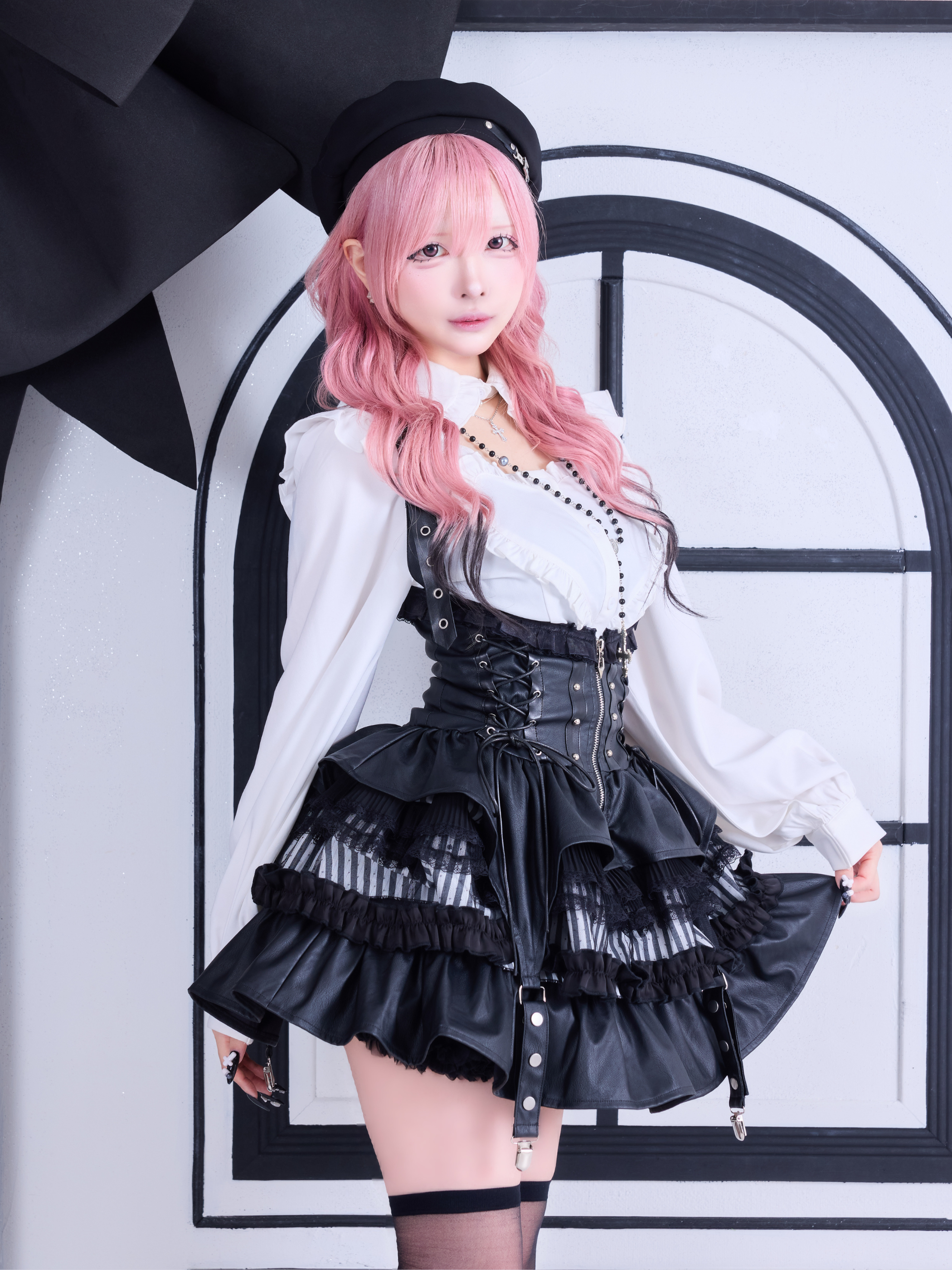 IMVAL / Lace Frill Leather Dress [STRIPE] - QOOZA
