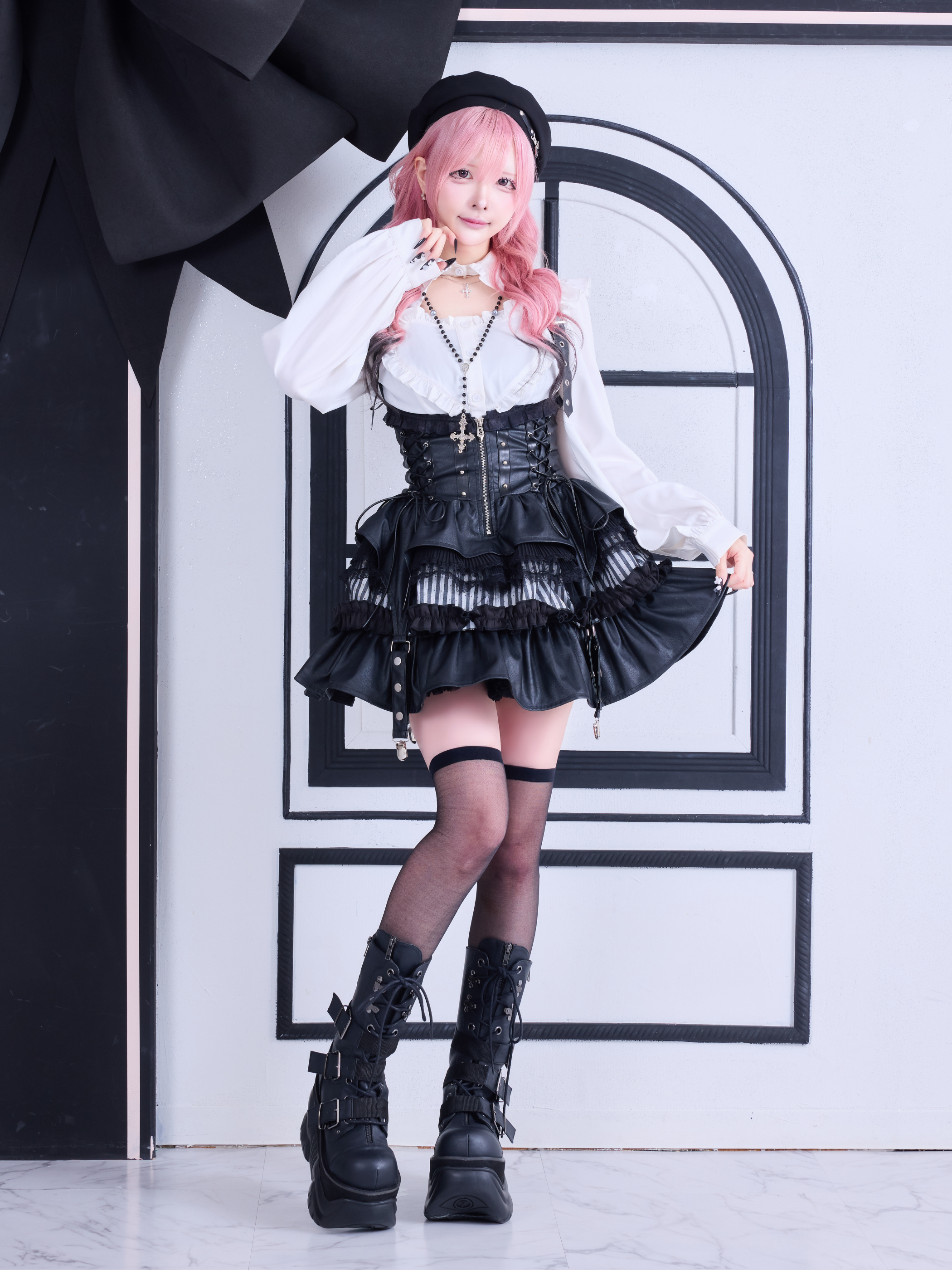 IMVAL / Lace Frill Leather Dress [STRIPE] - QOOZA