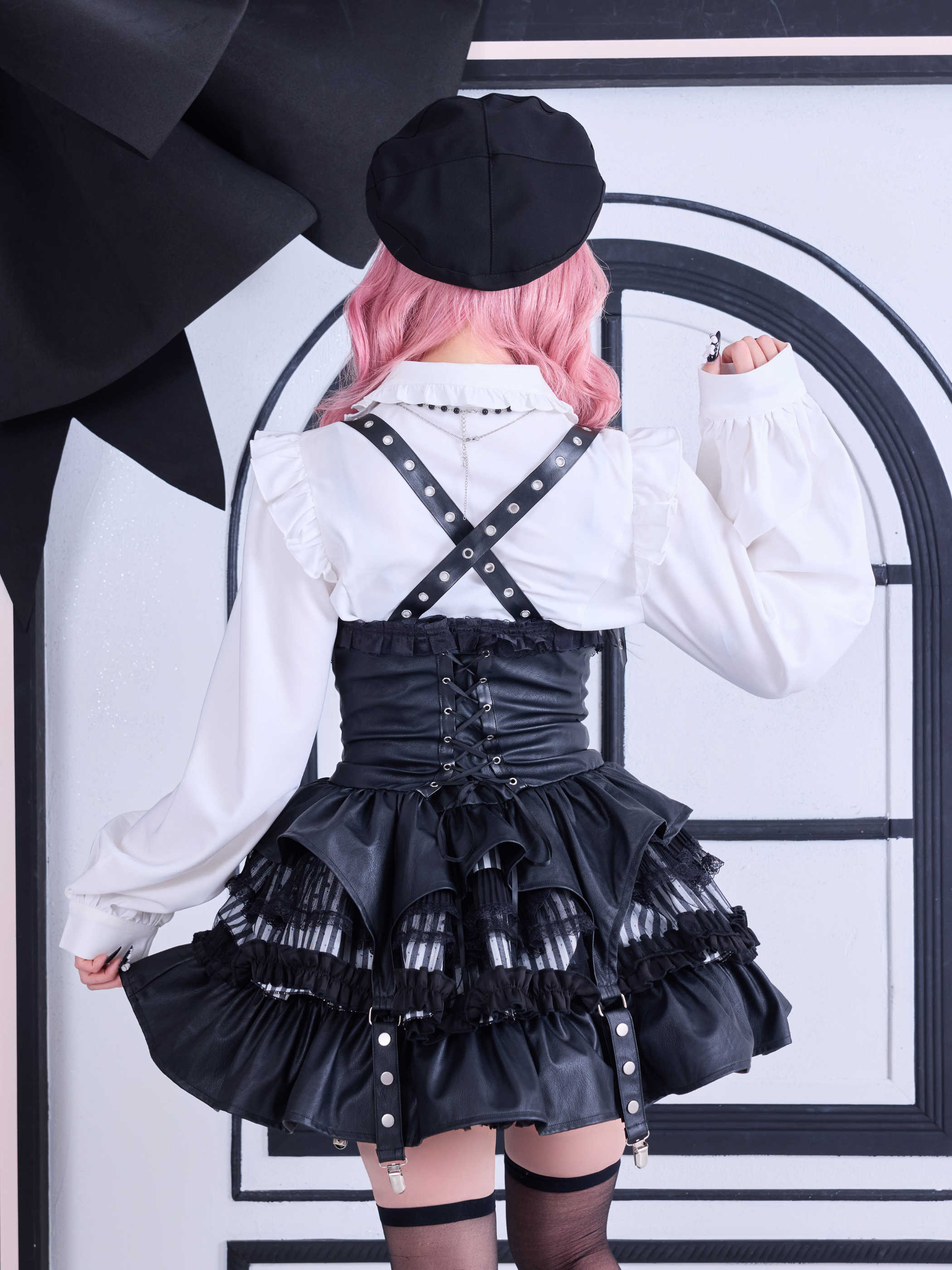 IMVAL / Lace Frill Leather Dress [STRIPE] - QOOZA