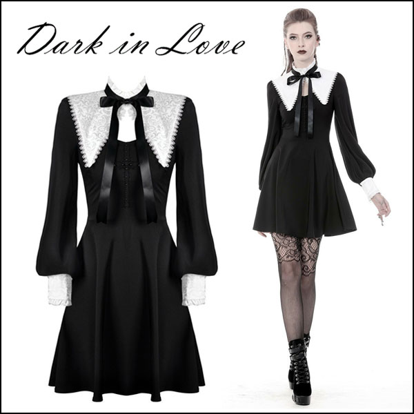 Dark in Love / Gothic lolita black and white bow neck dress