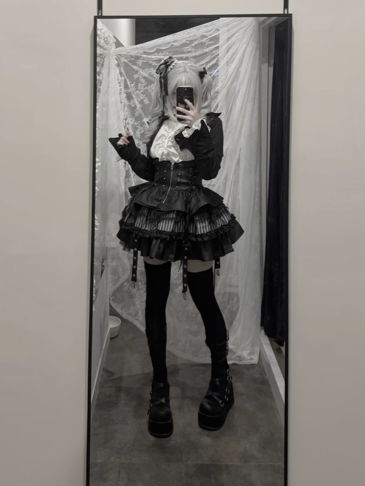 IMVAL / Lace Frill Leather Dress [STRIPE] - QOOZA