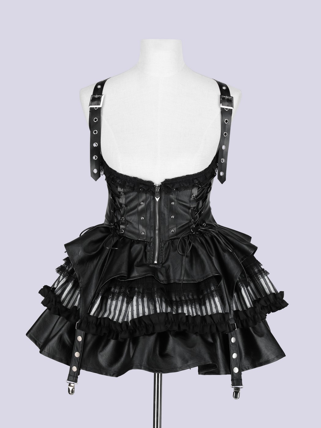 QOOZA IMVAL Leather Dress [BLK] レザーワンピース IMVAL / Lace Frill Leather Dress [STRIPE] - QOOZA