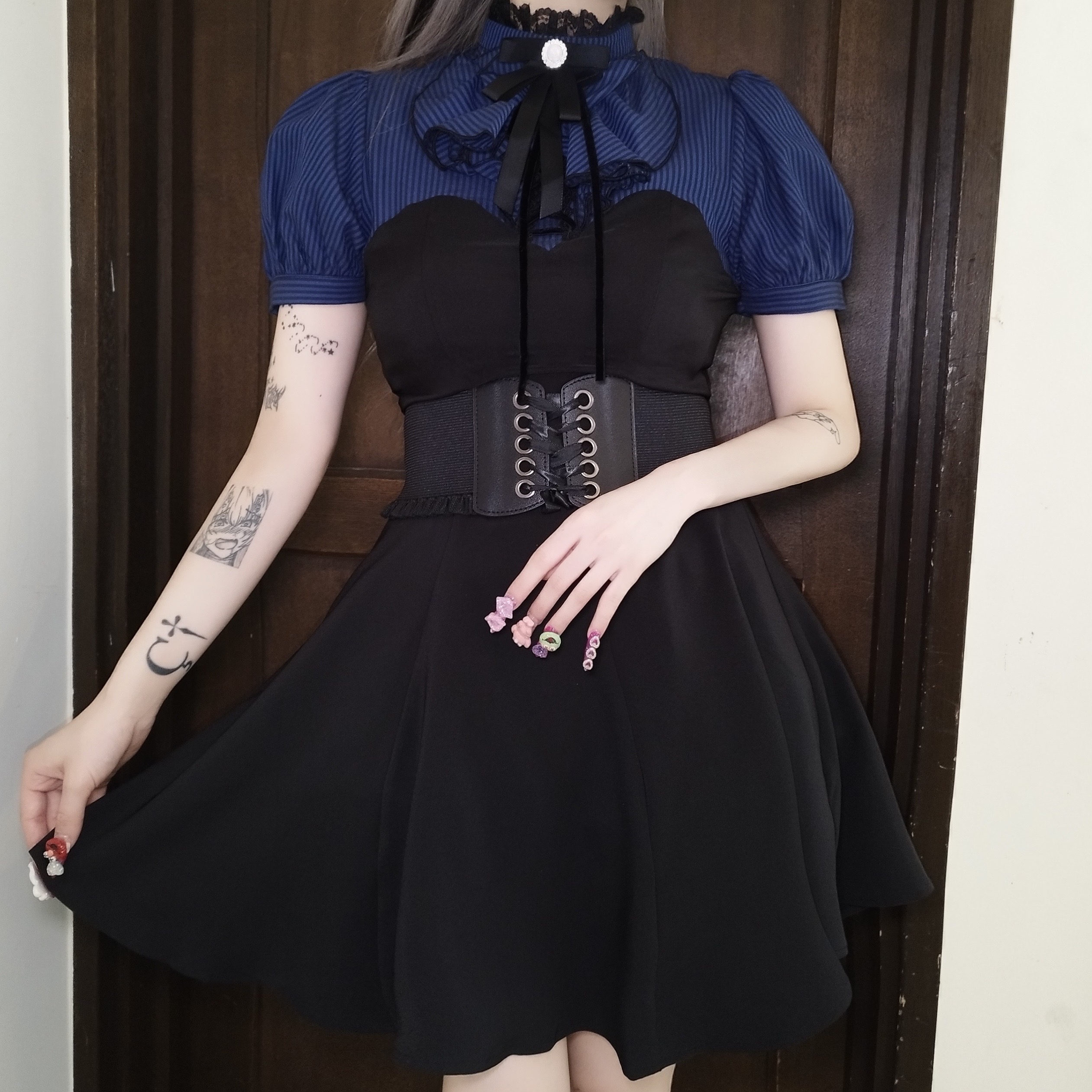 Dark in Love / Blue black strip frilly collar dress ワンピース