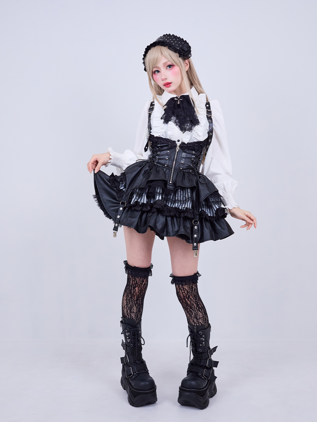 IMVAL / Lace Frill Leather Dress [STRIPE] - QOOZA