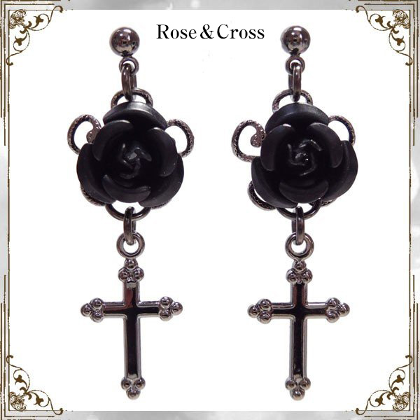 Rose＆Cross / 薔薇十字架ピアスorイヤリング［黒］（P-424） - QOOZA
