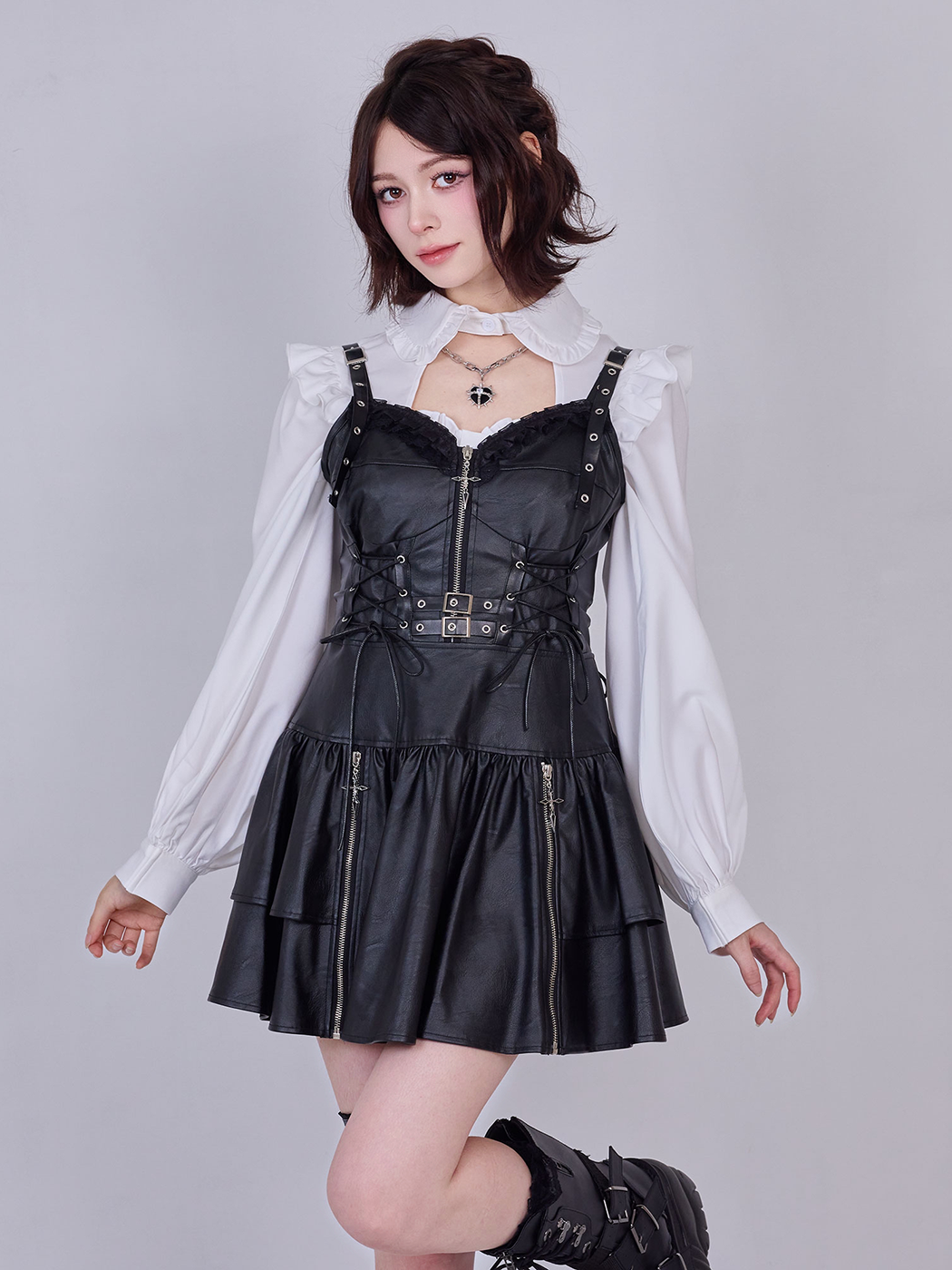 ワンピース qooza IMVAL / Frill Leather Dress [BLK] IMVAL / Frill Leather Dress [BLK] - QOOZA