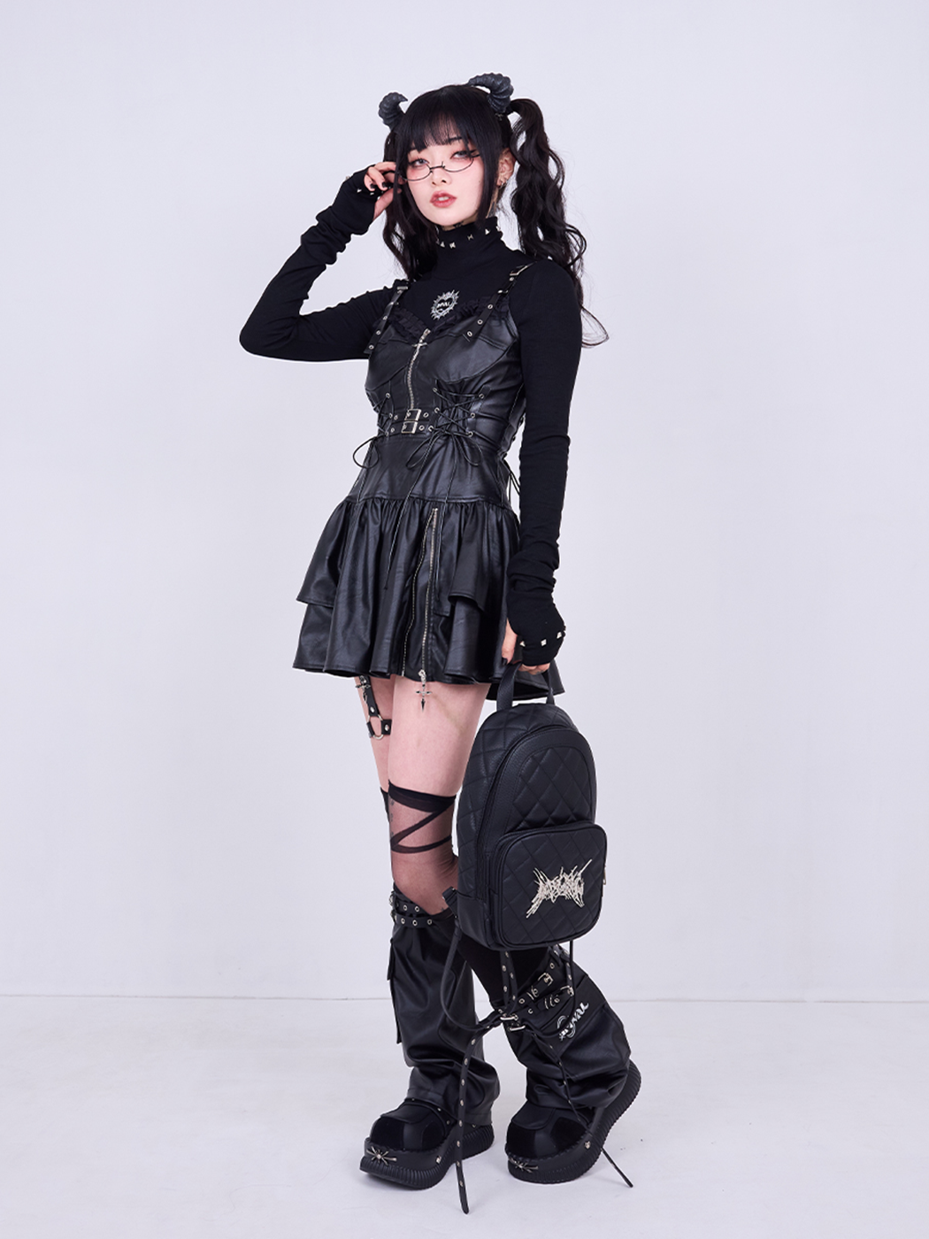 ワンピース qooza IMVAL / Frill Leather Dress [BLK] IMVAL / Leather Dress [BLK]（IMV002） - QOOZA