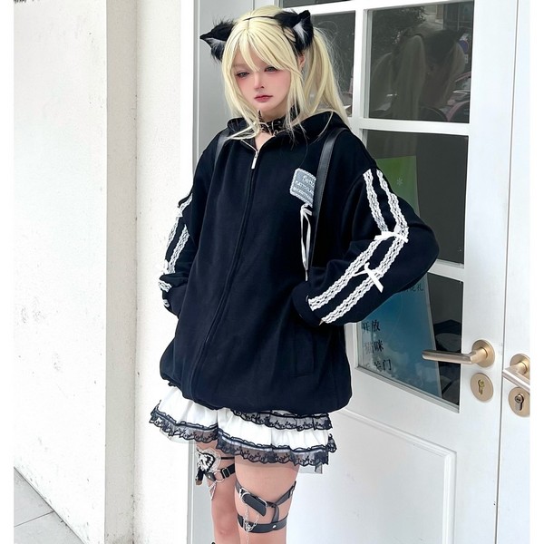 本日限定価格　リハーズオール　jersey patch bolero SELECT / ［Sub Era］レースステッチリボンZIPパーカー［BLK