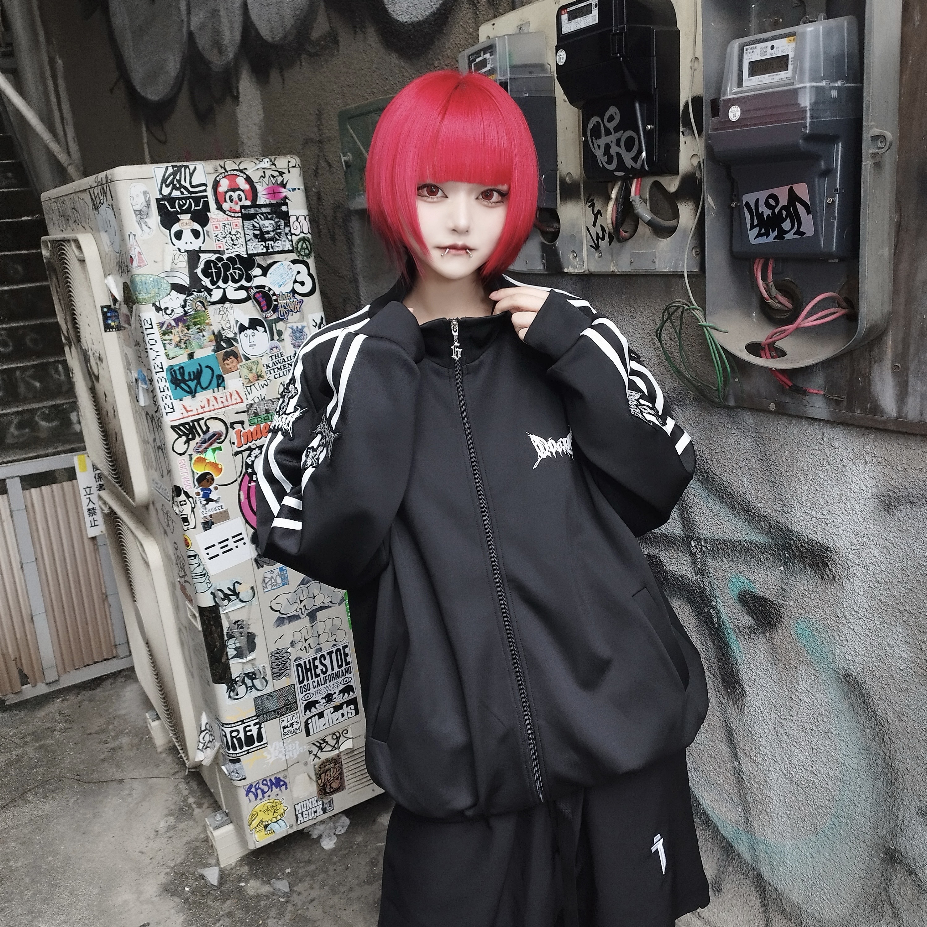 gibous×QOOZA line wappen track jacket black - QOOZA