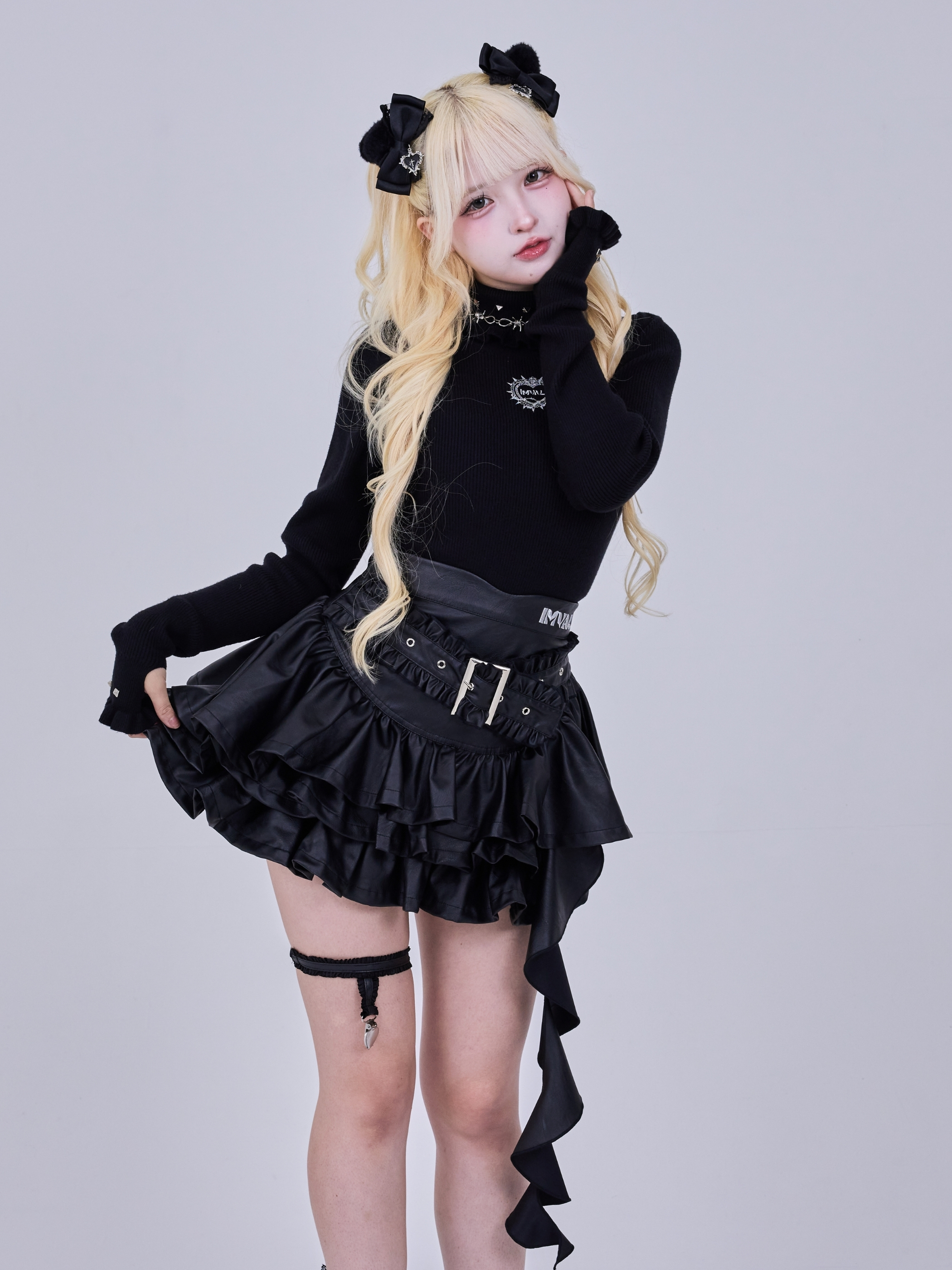 IMVAL / Layered Ruffle Belted Skirt［PU］ - QOOZA