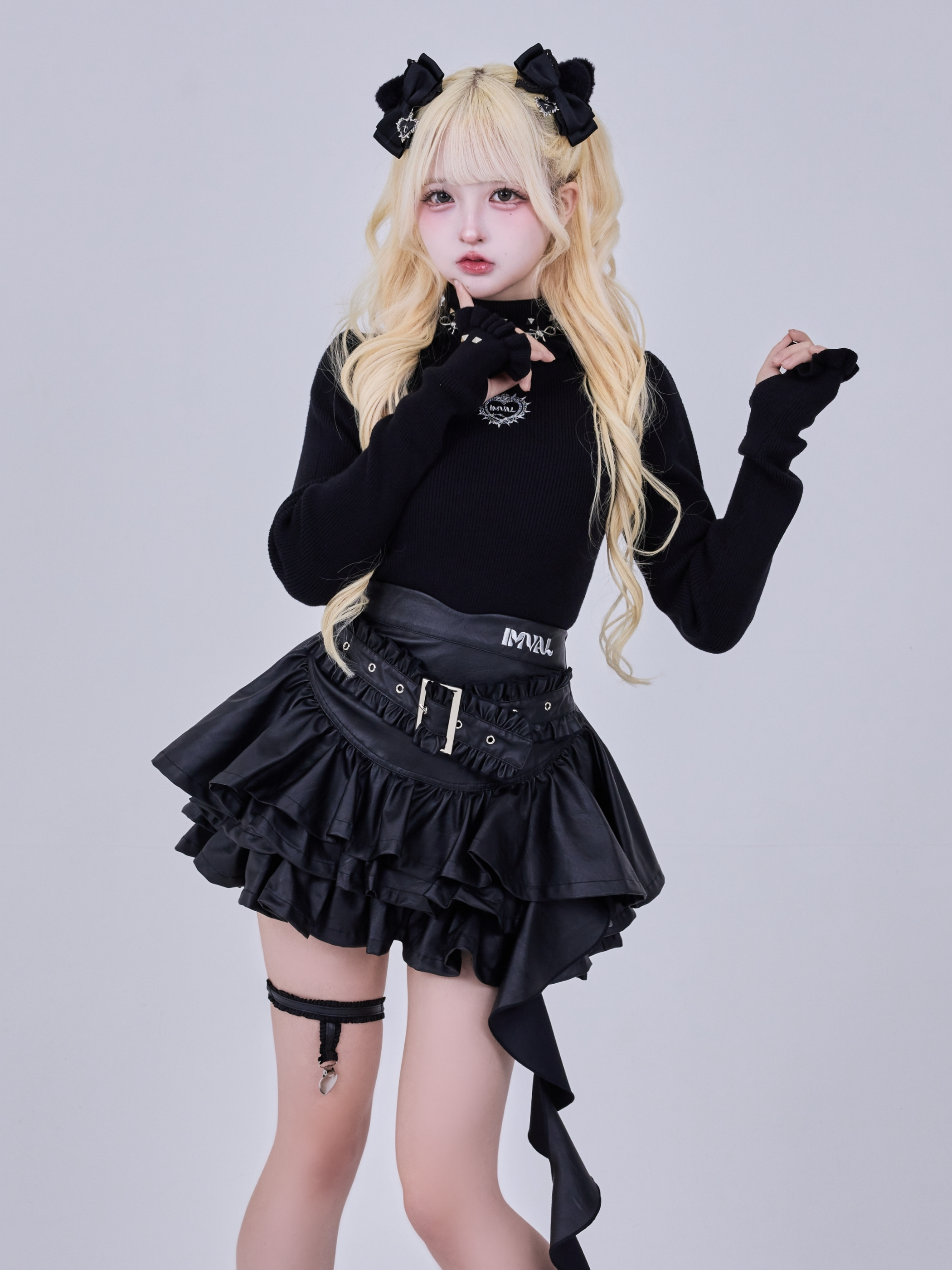 IMVAL / Layered Ruffle Belted Skirt［PU］ - QOOZA