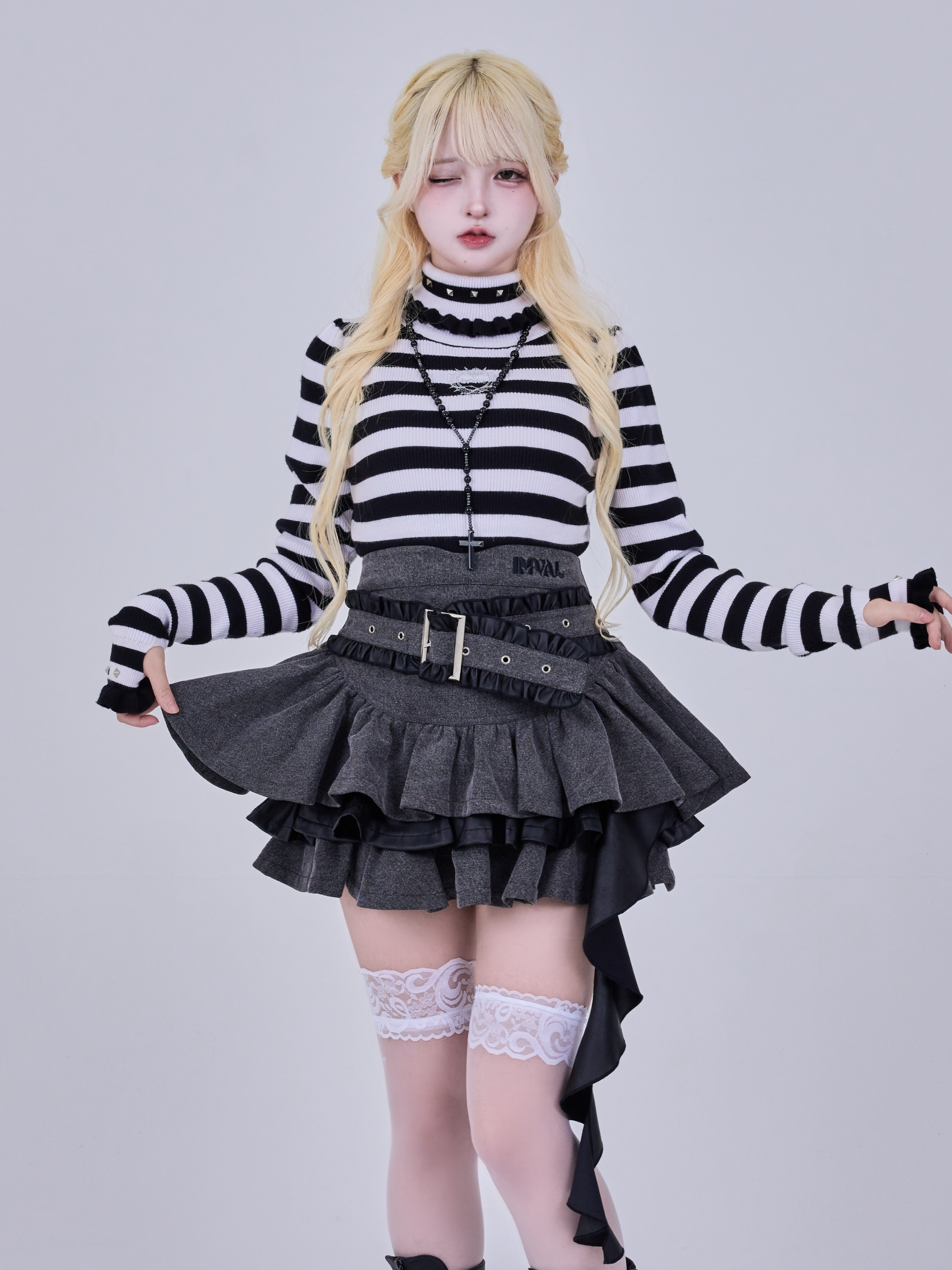 IMVAL / Layered Ruffle Belted Skirt［WASH］ - QOOZA