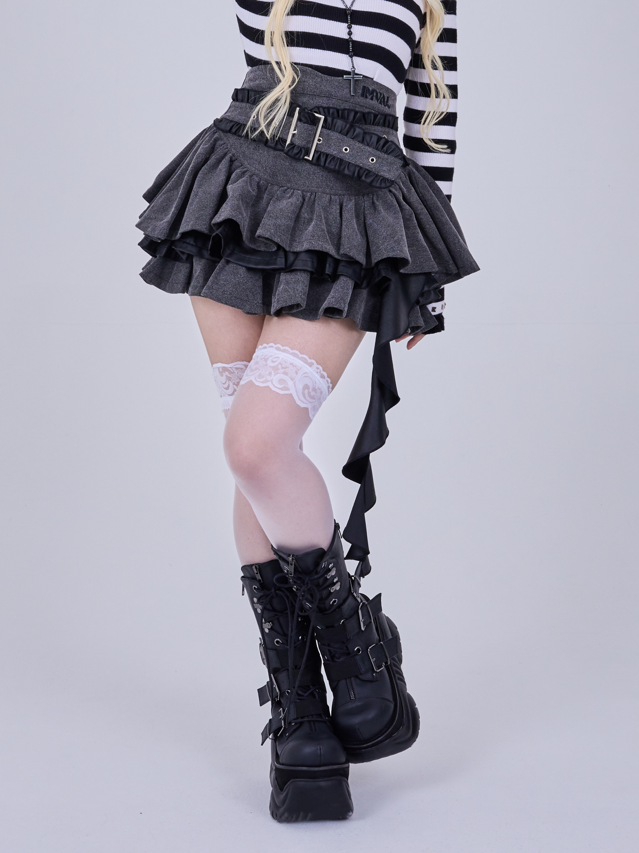 IMVAL / Layered Ruffle Belted Skirt［WASH］ - QOOZA