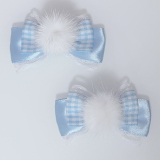 ののりぼん / ファー付きリボン 水色×ギンガムチェック