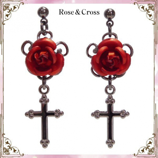 Rose＆Cross / 薔薇十字架ピアスorイヤリング［赤］（P-406）